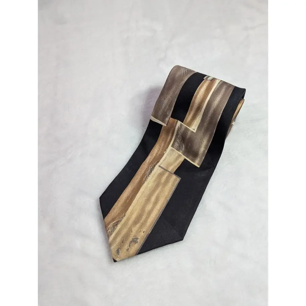 Vintage Ferracci Silk Tie Mens Black Gold Abstract Geometric 90s Italy Hand Made